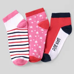 Pine Kids Cotton Knit Ankle Length Socks With Strips & Stars Print - Pink & Red-picture-44