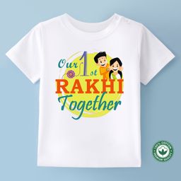 BLUSHES Raksha Bandhan Theme 100% Cotton Half Sleeves Our 1st Rakhi Together Text Printed Tee - White-image-69
