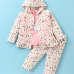 Wow Clothes Cotton Knit Full Sleeves Birds Printed Hooded Top With Inner Tee & Lounge Pants - Pink-picture-7