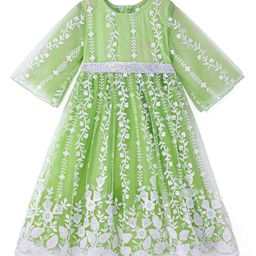 Babyhug Woven Three Fourth Sleeves Floral & Sequin Embroidered Ethnic Dress - Limegreen-picture-21