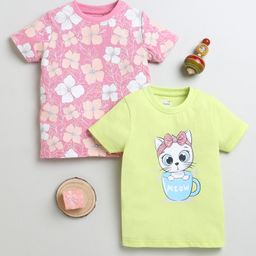 BUMZEE Cotton Pack Of 2 Half Sleeves Floral & Cat Printed Tees - Pink & Lime Green-image-38