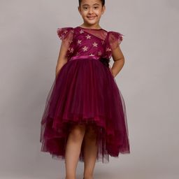 Toy Balloon Kids Net Flutter Sleeves Shimmer Star Detailed High Low Dress - Purple-image-29