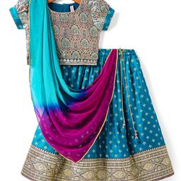Babyhug Woven Half Puff Sleeves Pattu Pavda Brocade Choli With Lehenga & Dupatta Set & Tassel Detailing - Teal Blue-image-16
