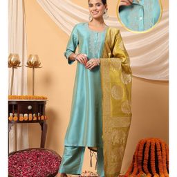 Zelena Three Fourth Sleeves Floral Embroidered & Foil Printed Maternity Kurta With Nursing Access & Salwar With Dupatta Set - Sky Blue-picture-21