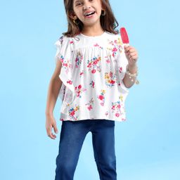 Babyhug Single Jersey Knit Frill Sleeves Floral Printed Top & Capri Set - White & Navy Blue-image-86