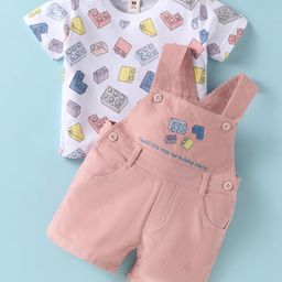 ToffyHouse Interlock Knit Half Sleeves T-Shirt & Dungaree with Block Print & Embroidery - White & Pink-picture-28