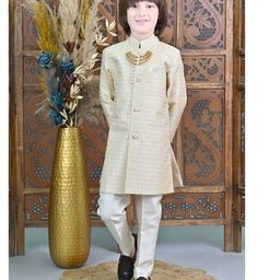 Ahhaaaa Silk Floral Embroidered Sherwani With Pant Set - Gold-image-90