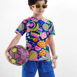 OLLINGTON ST. Cotton Knit Half Sleeves Toys Printed T-Shirt & Knit Shorts Set - Multicolor & Blue-picture-7