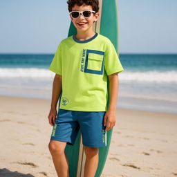 OLLINGTON ST. Cotton Half Sleeves T-Shirt with Print & Knit Shorts Set - Lime Green & Navy Blue-image-78