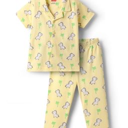 Babyhug Cotton Knit Half Sleeves Front Open Co-ords Night Suit with Unicorn Print - Yellow-image-72
