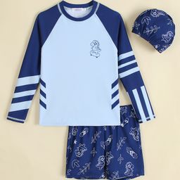 Mark & Mia Full Sleeves Two Piece Swimsuit With Dino Print & Cap - Blue-image-52