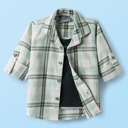 Dapper Dudes Full Sleeves Checked Shirt With Attached Tee - Green-image-42