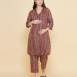Mine4Nine Rayon Woven Three Fourth Sleeves Striped & Abstract Printed Maternity Kurta With Nursing Access & Pant Set - Red-picture-10