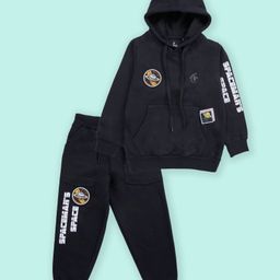 Kiddopanti Fleece Knit Full Sleeves Space Theme Printed Hooded Sweatshirt With Track Pants Set - Black-image-71