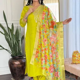 Navlik Women Floral Embroidered Regular Thread Work Kurta with Trousers & With Dupatta-image-99