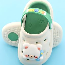Oh! Pair Slip On  Clogs With Back Strap Closure & Frog & Teddy Applique - Green image 5