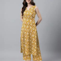 Janasya Mustard Pure Cotton Floral Printed Straight Co-Ord Set-image-29