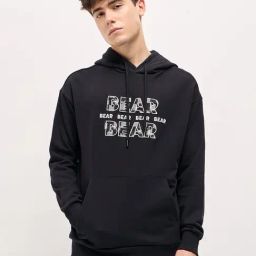 The Bear House Black Cotton Relaxed Fit Self Hooded Sweatshirt-34