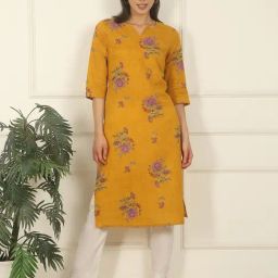 W Yellow Pure Cotton Floral Three-Quarter Sleeves Kurtas-picture-26