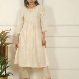 W White Pure Cotton Floral Three-Quarter Sleeves Kurtas-image-81