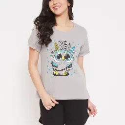 Clovia Grey & Black Printed Top With Shorts-image-27