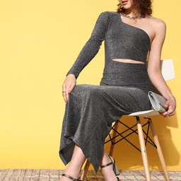 SASSAFRAS Women  Silver Solid Metallic Sheen Dress-image-51