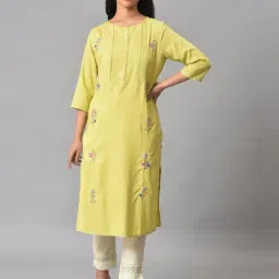 W Lime Green Embroidered Straight Kurta-picture-1