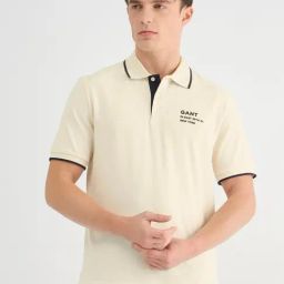 GANT Men Typography Printed Cream Polo Collar Cotton T-shirt-image-81