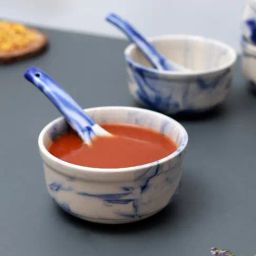 Unravel India White & Blue Shades of Earth Ceramic Soup Bowl & Spoon Set-0