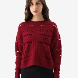 The Souled Store Red Self Design Oversized Sweater-image-32