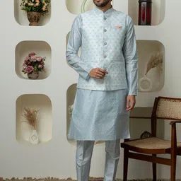 Dulha Ghar Floral Embroidered Mandarin Collar Pure Silk Kurta With Pyjamas-image-49