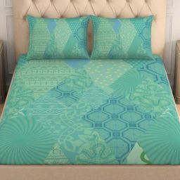 Spaces Romantica Geometric Green 180 TC Cotton King Flat Bedsheet with 2 Pillow Covers-image-22