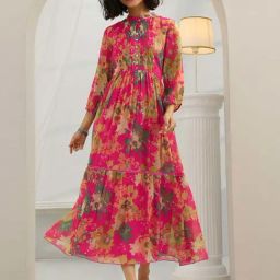 Libas Pink Flared Fit Floral Print Dress-picture-14