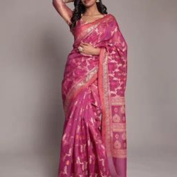 Zari Jaipur Purple Cotton Woven Design Saare with Unstitched Blouse-image-64