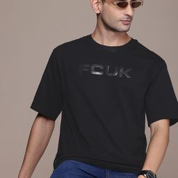 FCUK Brand Logo Printed Drop-Shoulder Sleeves Pure Cotton Oversized T-shirt-image-68