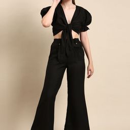 Bannos Swagger Black V-Neck Linen Tie Up Top & Trousers-picture-37