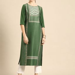 Janasya Women Green Printed Crepe Kurta-image-104