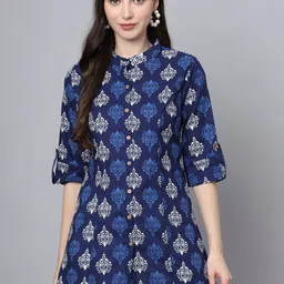 BAESD Floral Print Mandarin Collar Roll-Up Sleeves Ethnic Cotton Top-image-87