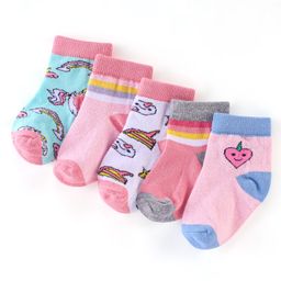 Cute Walk by Babyhug Non Terry Anti Bacterial Ankle Length Socks Unicorn Design Pack of 5 - Pink & White-picture-18