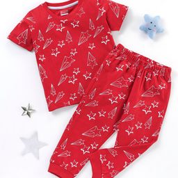 Babyhug Cotton Knit Half Sleeves Night Suit Star Print - Red-image-50