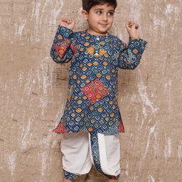 AJ Dezines  Pure Cotton Full Sleeves Bandhej Blocked Design Printed Kurta With Coordinating Lace Embellished Dhoti  Set  - Blue-image-21