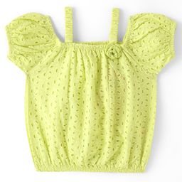 Babyhug Cotton Half Sleeve Schiffli Top With Bow Applique - Lime Green-image-78