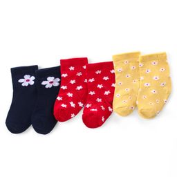 Cute Walk by Babyhug Ankle Length Antibacterial Knitted Floral Design Socks Pack Of 3 - Blue Red & Yellow-image-41
