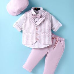 Robo Fry Lycra Knit Full Sleeves 3 Piece Striped Party Suits with Cap & Bow - Pink-picture-26