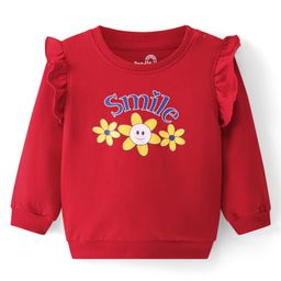 Doodle Poodle 100% Cotton Looper Knit Full Sleeves Sweatshirt With Floral Print & Frill Detailing - Red-picture-19