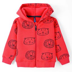 Little Kangaroos Fleece Knit Full Sleeves Front Open Hooded Sweatjacket with Animal Print - Red-image-43