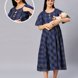 Dummy Shape Half Bell Sleeves Checked & Flared Maternity Kurta With Concealed Zipper Nursing Access - Blue-image-49