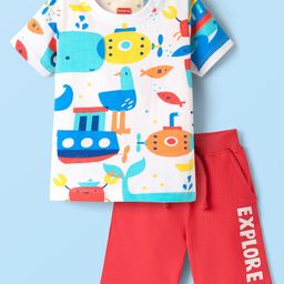 Babyhug Single Jersey Knit Half Sleeves T-Shirt and Shorts Set with Sea Life Print - White & Red-image-6