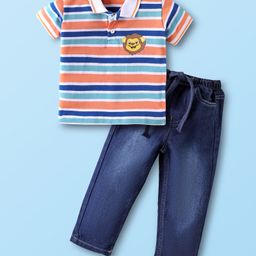 Babyhug Single Jersey Knit Half Sleeves Polo Neck T-Shirt & Jeans with Stripes Lion Print - Blue-image-66