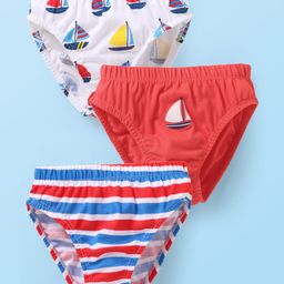 Babyhug 100% Cotton Knit Striped & Nautical Theme Printed Briefs Pack of 3 - Red Blue & White-16